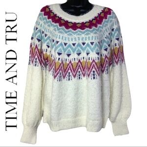 Time and Tru Off White Fair Isle Women’s Crewneck Sweater Size L
